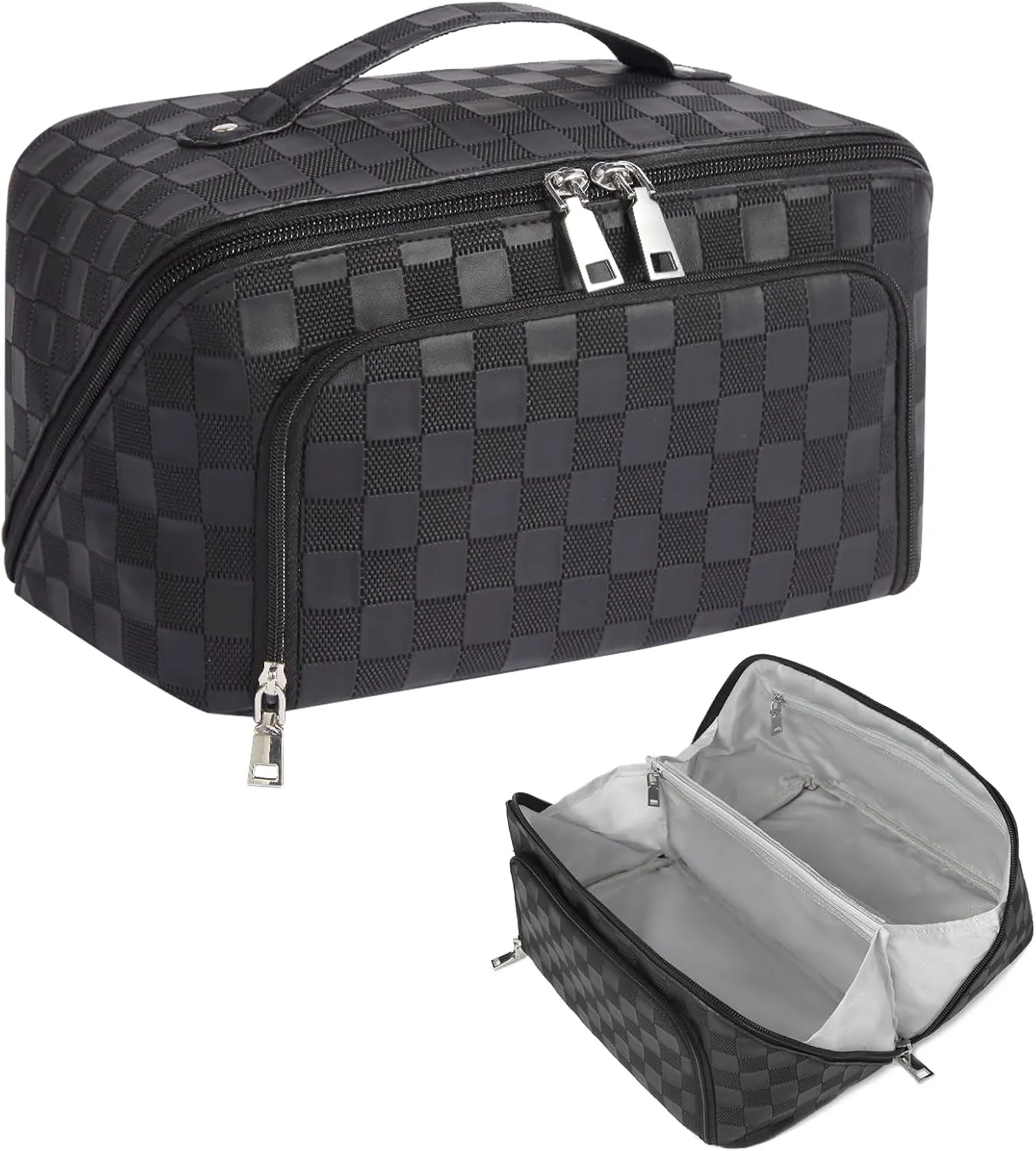 Travel Makeup Bag, Large Capacity Cosmetic Bags for Women, Waterproof Lining and PU Leather Portable Pouch, Open Flat Toiletry Bag, Make up Organizer with Divider & Handle (Black)