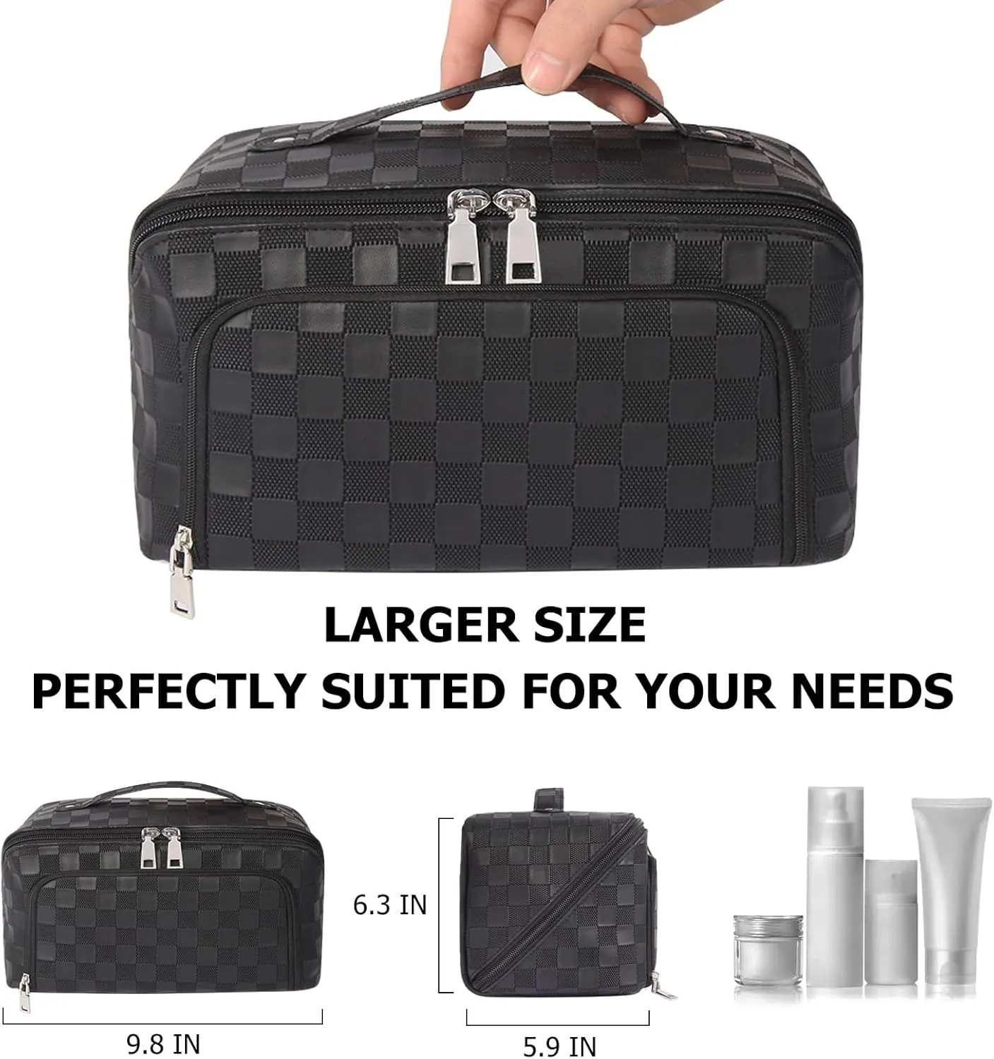 Travel Makeup Bag, Large Capacity Cosmetic Bags for Women, Waterproof Lining and PU Leather Portable Pouch, Open Flat Toiletry Bag, Make up Organizer with Divider & Handle (Black)