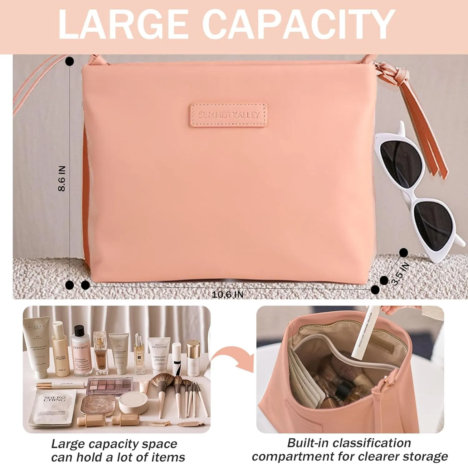 Travel Makeup Bag Large Capacity Cosmetic Bag,Waterproof PU Leather puffer Cosmetic Bag for Women,2023 New Portable Makeup Bag with Divider, Pink