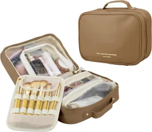 Travel Makeup Bag Large Capacity Cosmetic Organizer Waterproof Leather Toiletry Bag with Brush Holder and Handle Portable Cosmetic Storage Bag for Women Girls Gift - Brown