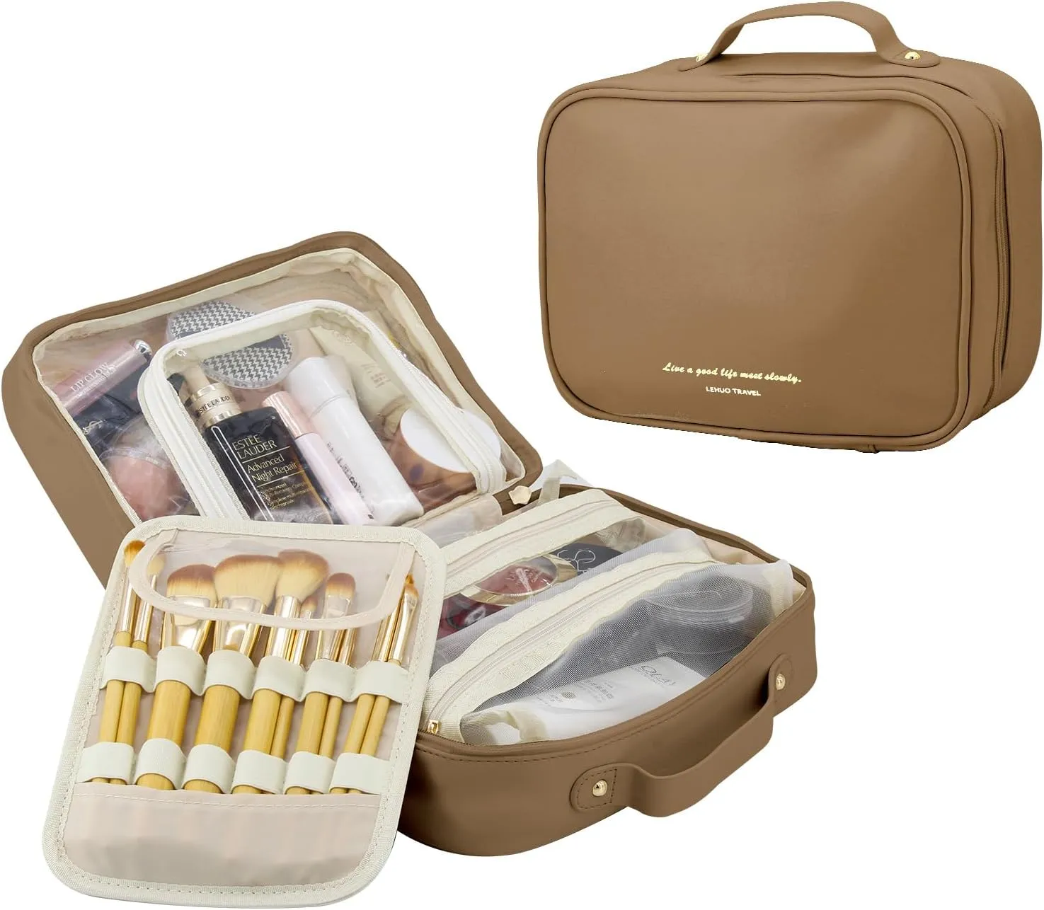 Travel Makeup Bag Large Capacity Cosmetic Organizer Waterproof Leather Toiletry Bag with Brush Holder and Handle Portable Cosmetic Storage Bag for Women Girls Gift - Brown