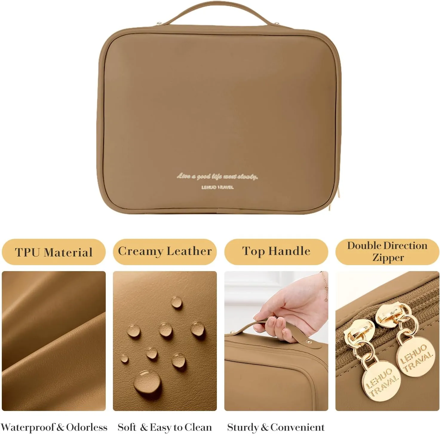 Travel Makeup Bag Large Capacity Cosmetic Organizer Waterproof Leather Toiletry Bag with Brush Holder and Handle Portable Cosmetic Storage Bag for Women Girls Gift - Brown
