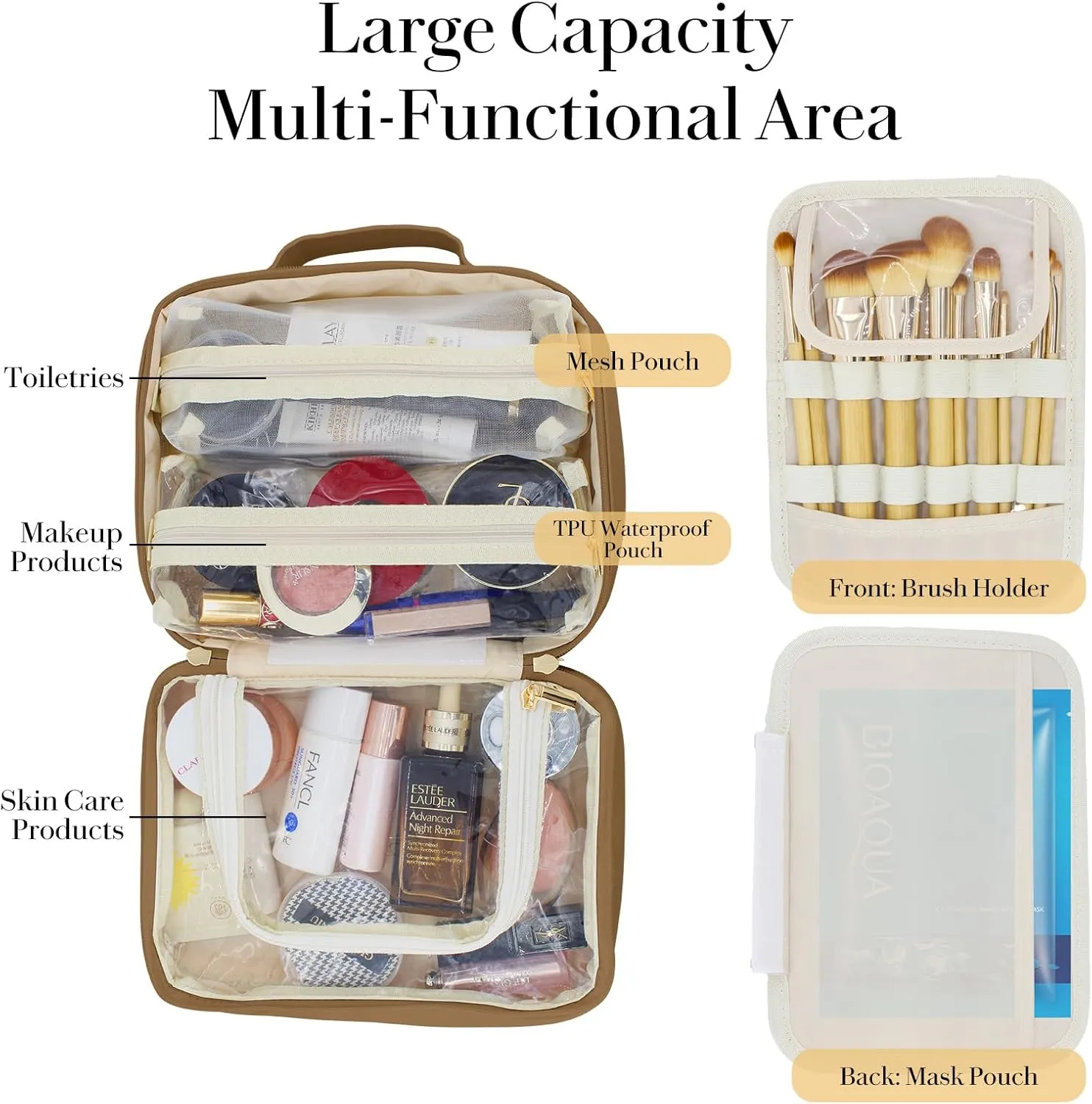 Travel Makeup Bag Large Capacity Cosmetic Organizer Waterproof Leather Toiletry Bag with Brush Holder and Handle Portable Cosmetic Storage Bag for Women Girls Gift - Brown