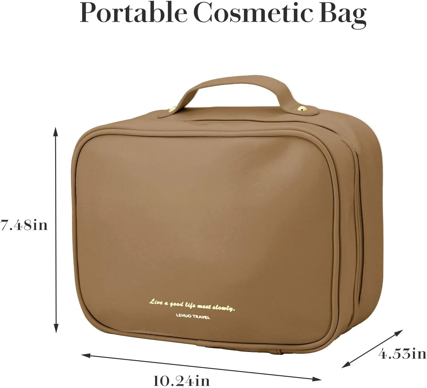 Travel Makeup Bag Large Capacity Cosmetic Organizer Waterproof Leather Toiletry Bag with Brush Holder and Handle Portable Cosmetic Storage Bag for Women Girls Gift - Brown
