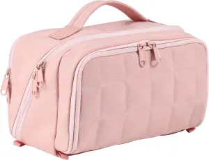 Travel Makeup Bag Organizer,Quilted Makeup Travel Bag Cosmetic Bag with Handle,Waterproof Toiletry Bag for traveling women,Large Make Up Bag with 3 Compartments,Flat-Opening,Pink (Patented)