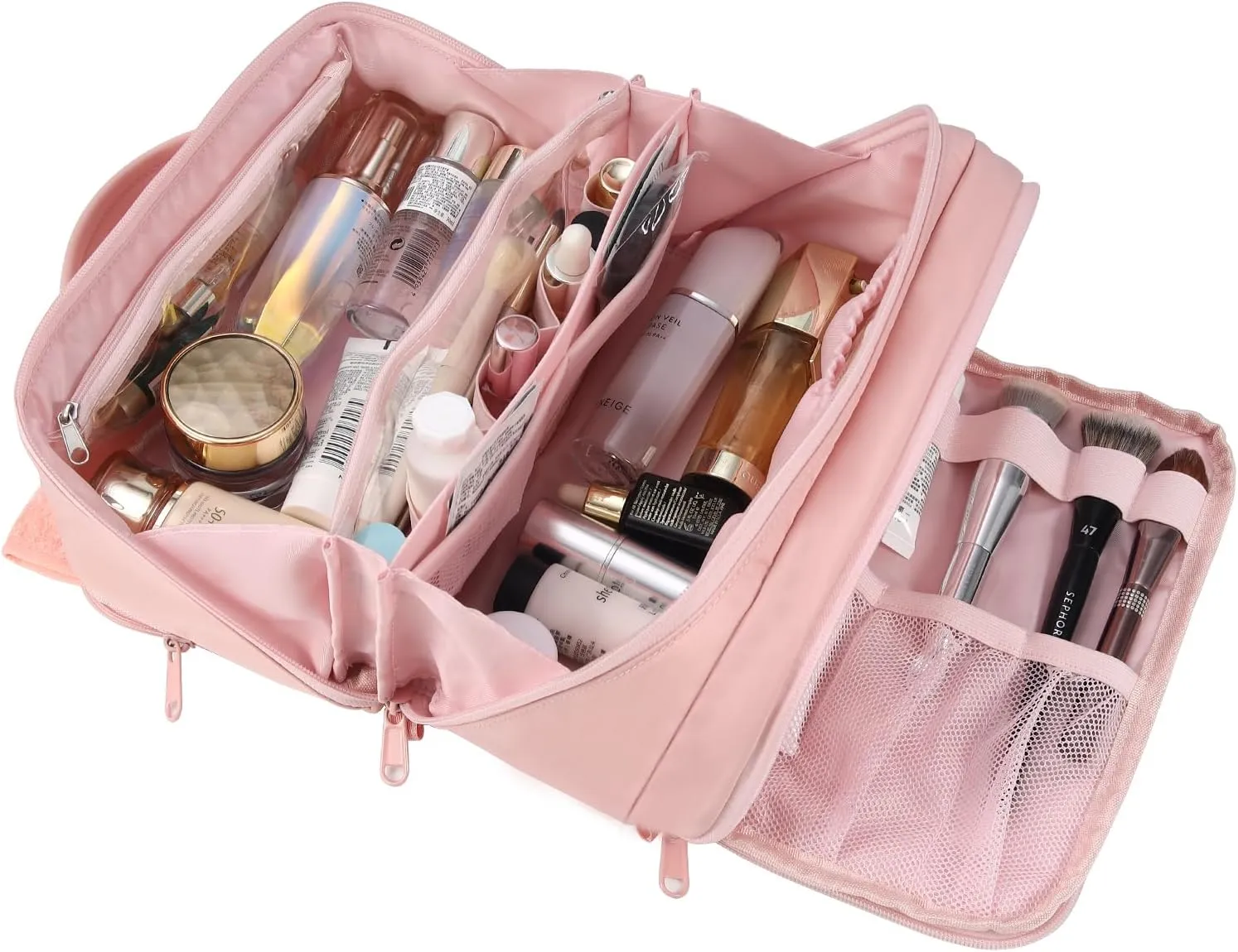 Travel Makeup Bag Organizer,Quilted Makeup Travel Bag Cosmetic Bag with Handle,Waterproof Toiletry Bag for traveling women,Large Make Up Bag with 3 Compartments,Flat-Opening,Pink (Patented)