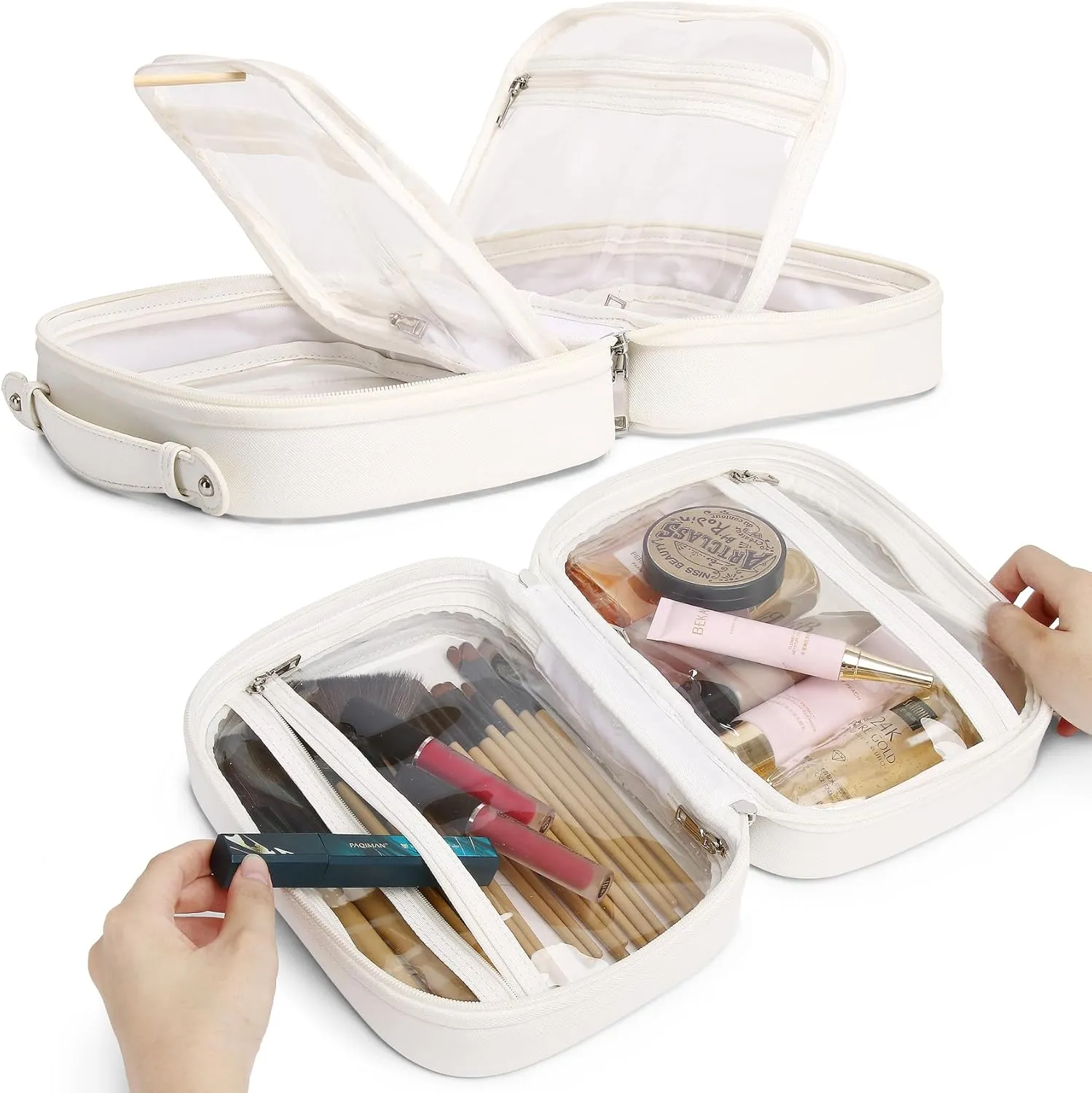 Travel Makeup Bag Set Portable Clear Cosmetic & Toiletry Case Women's Purse Organizer and Car Essentials with Zipper (Y/White, M MINI)