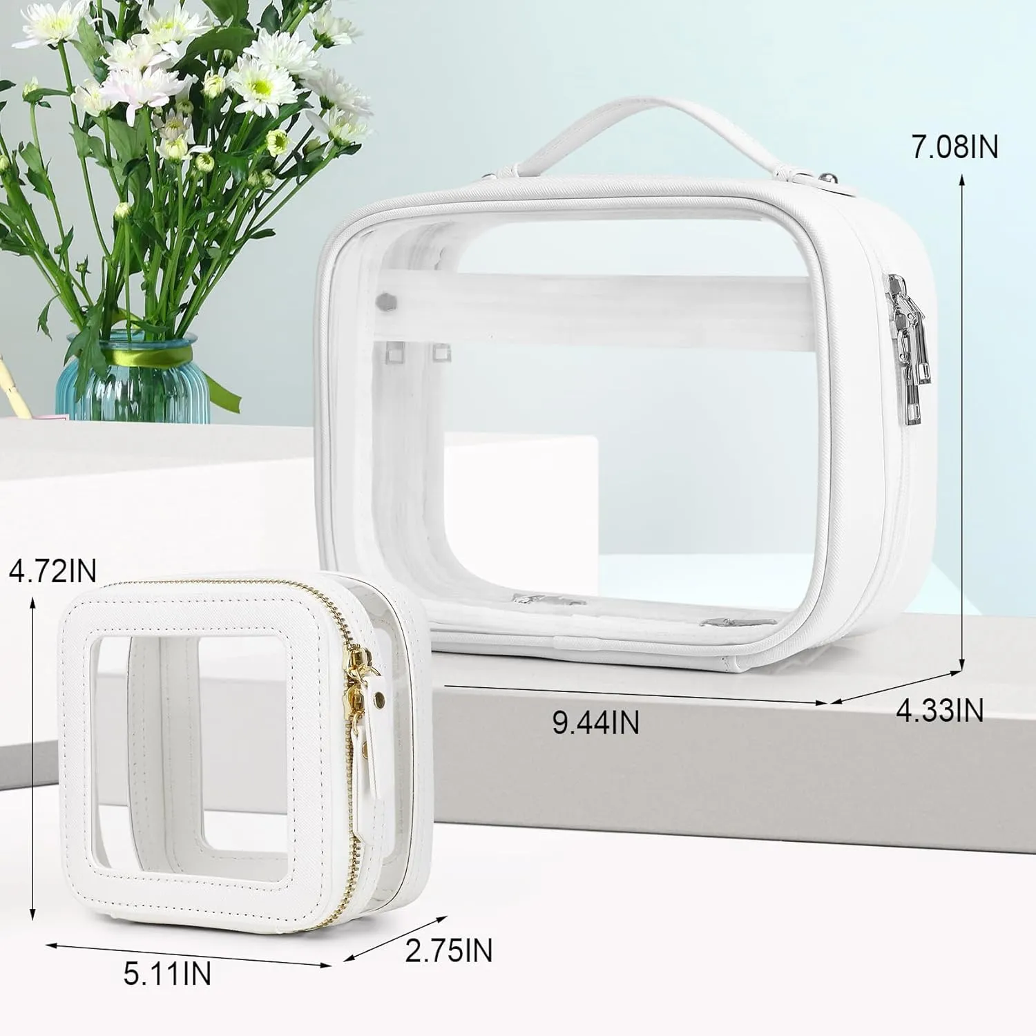Travel Makeup Bag Set Portable Clear Cosmetic & Toiletry Case Women's Purse Organizer and Car Essentials with Zipper (Y/White, M MINI)