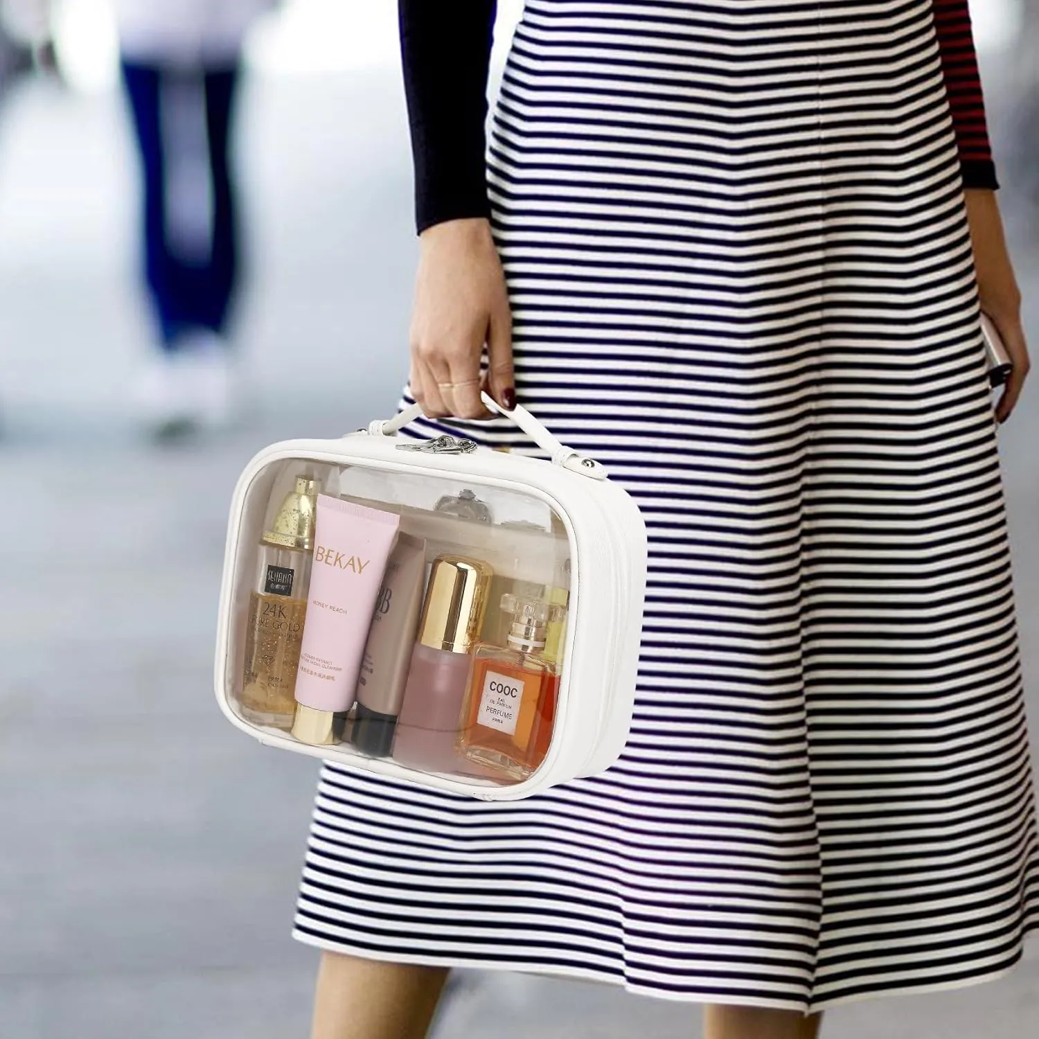 Travel Makeup Bag Set Portable Clear Cosmetic & Toiletry Case Women's Purse Organizer and Car Essentials with Zipper (Y/White, M MINI)