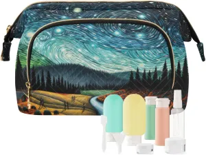 Travel Makeup Bag Starry Night River Houses Full Moon Fluidity Stars Painting Large Capacity Cosmetic Bags for Women