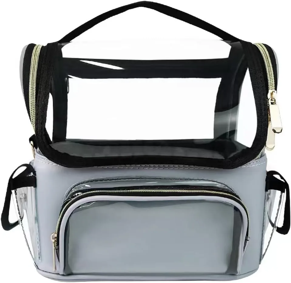 Travel Makeup Bag, Waterproof Cosmetic Cases for Traveling, Makeup Brushes Holder Organizer with Adjustable Dividers, Train Case for Women, Grey Blue