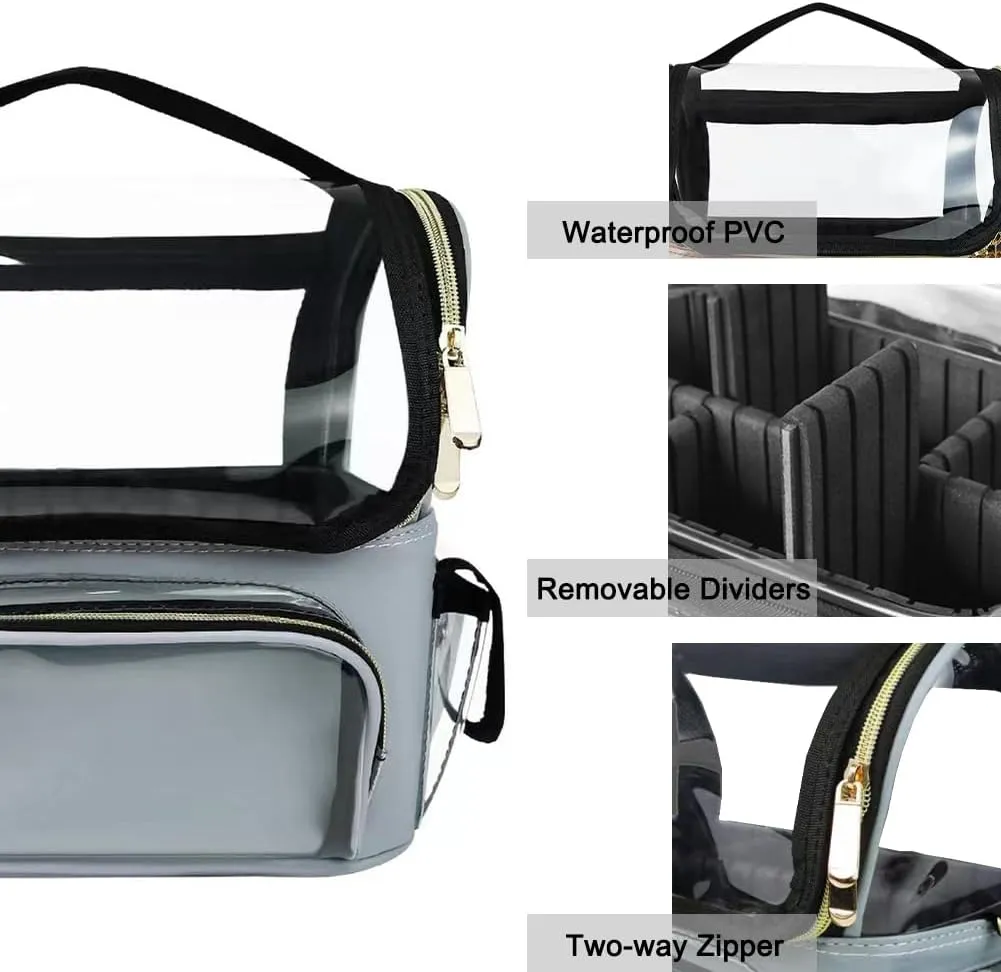 Travel Makeup Bag, Waterproof Cosmetic Cases for Traveling, Makeup Brushes Holder Organizer with Adjustable Dividers, Train Case for Women, Grey Blue