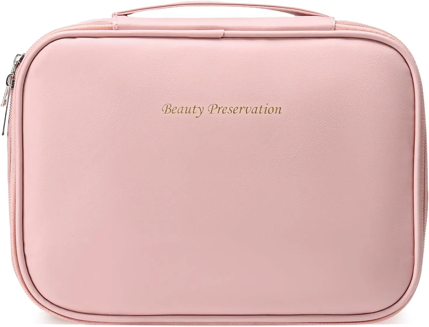 Travel Makeup Bag Waterproof PU Leather Portable Cosmetic Bag, Portable Pouch Open Flat Toiletry Bag Makeup Bag With Handle and Divider