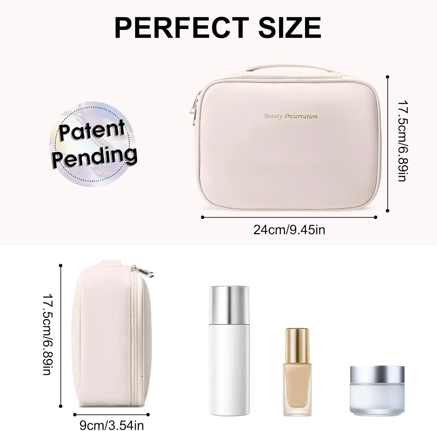 Travel Makeup Bag Waterproof PU Leather Portable Cosmetic Bag, Portable Pouch Open Flat Toiletry Bag Makeup Bag With Handle and Divider