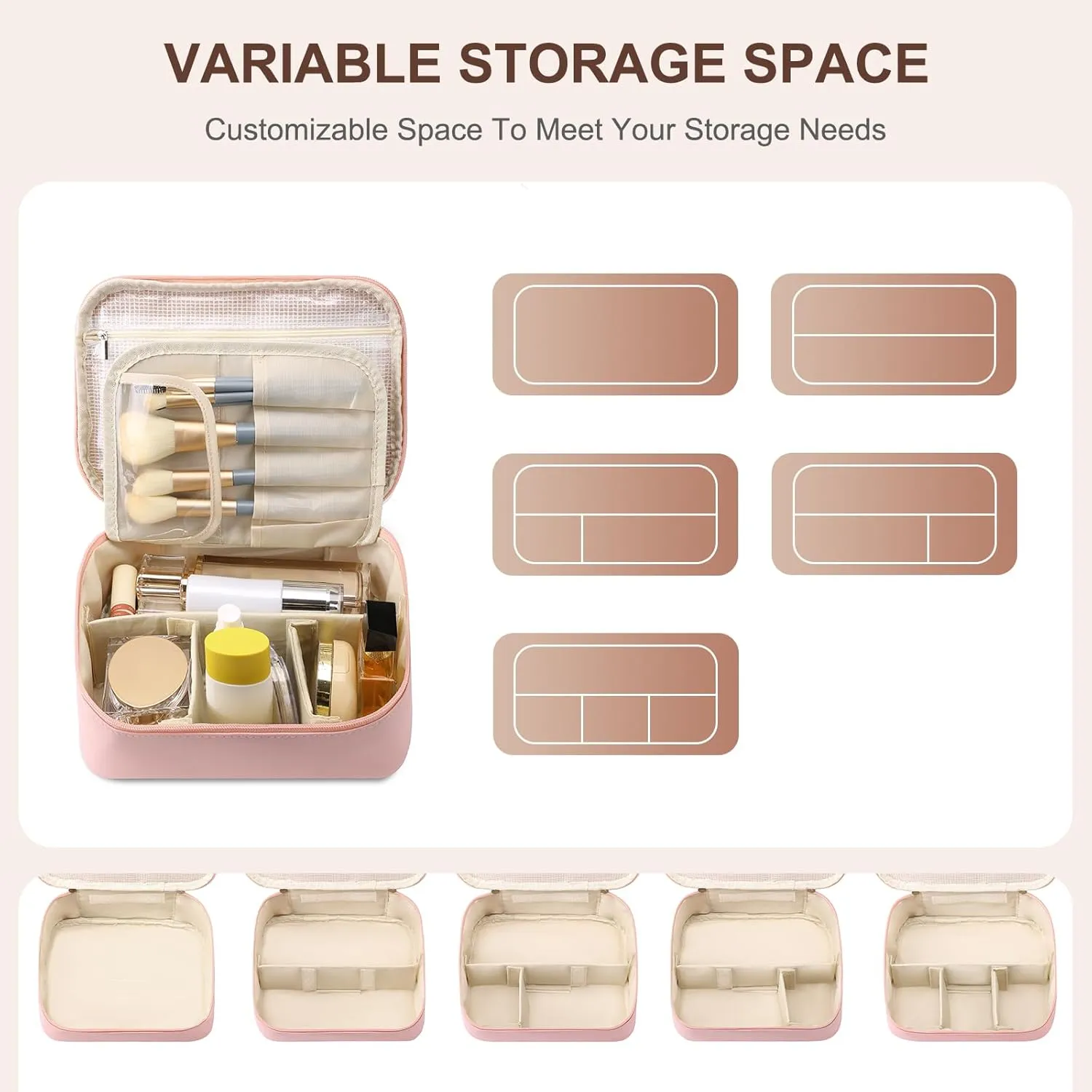 Travel Makeup Bag Waterproof PU Leather Portable Cosmetic Bag, Portable Pouch Open Flat Toiletry Bag Makeup Bag With Handle and Divider