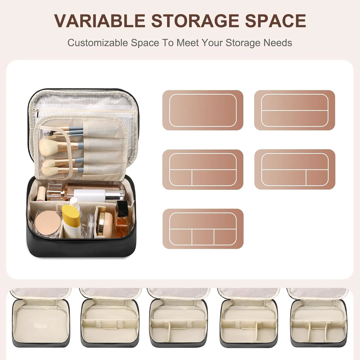 Travel Makeup Bag Waterproof PU Leather Portable Cosmetic Bag, Portable Pouch Open Flat Toiletry Bag Makeup Bag With Handle and Divider