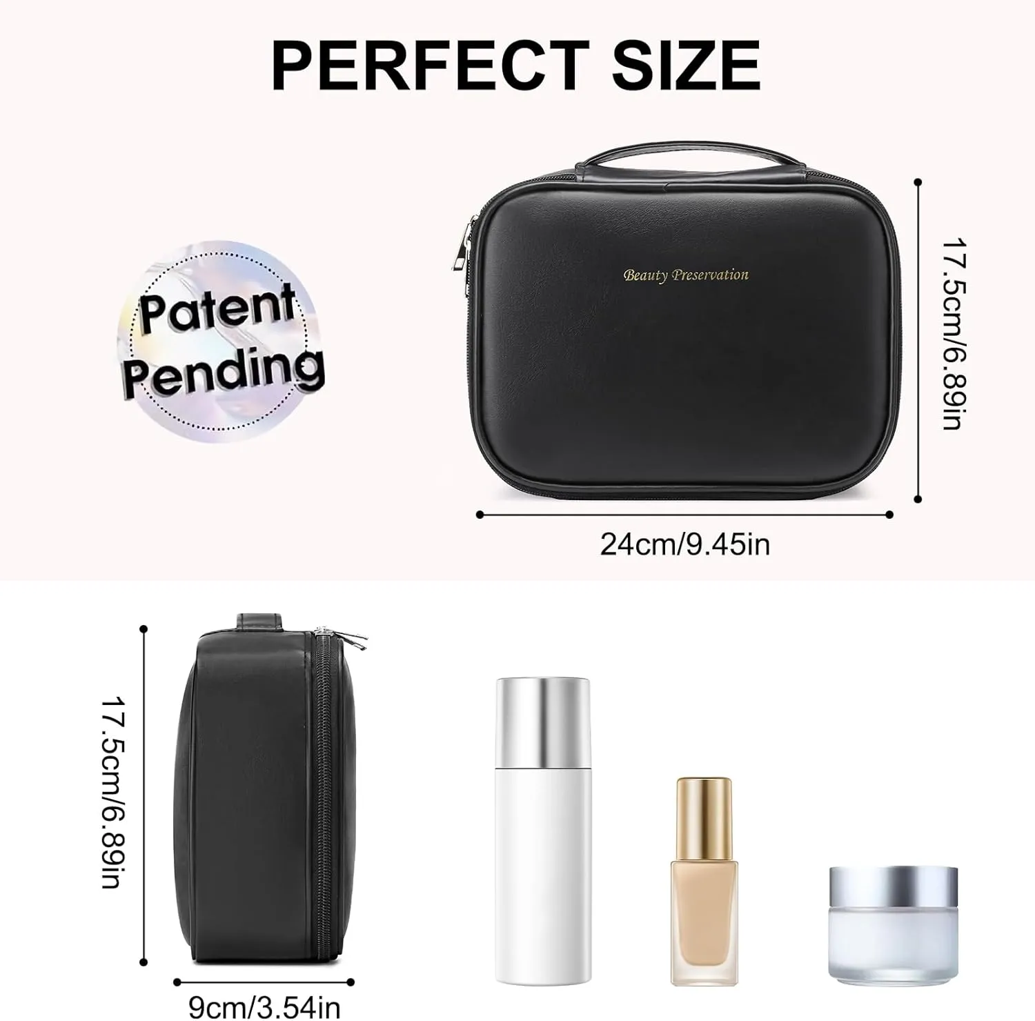 Travel Makeup Bag Waterproof PU Leather Portable Cosmetic Bag, Portable Pouch Open Flat Toiletry Bag Makeup Bag With Handle and Divider