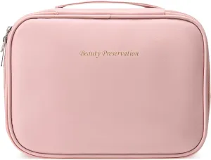 Travel Makeup Bag Waterproof PU Leather Portable Cosmetic Bag, Portable Pouch Open Flat Toiletry Bag Makeup Bag With Handle and Divider
