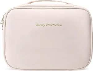 Travel Makeup Bag Waterproof PU Leather Portable Cosmetic Bag, Portable Pouch Open Flat Toiletry Bag Makeup Bag With Handle and Divider