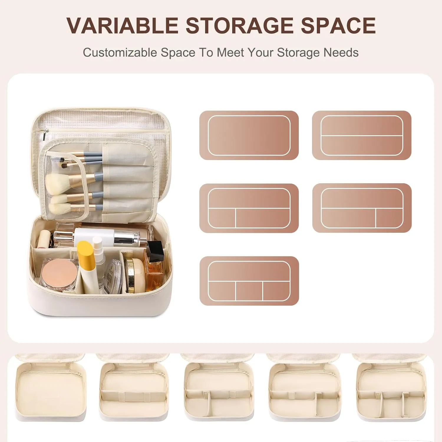 Travel Makeup Bag Waterproof PU Leather Portable Cosmetic Bag, Portable Pouch Open Flat Toiletry Bag Makeup Bag With Handle and Divider