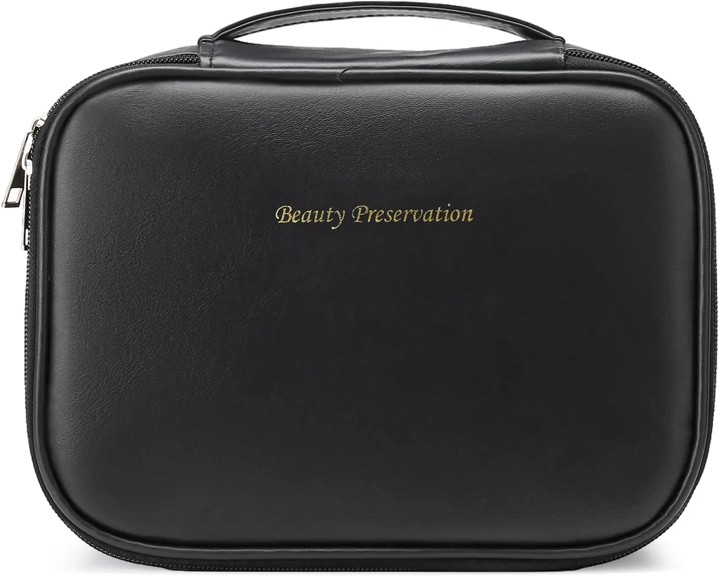 Travel Makeup Bag Waterproof PU Leather Portable Cosmetic Bag, Portable Pouch Open Flat Toiletry Bag Makeup Bag With Handle and Divider