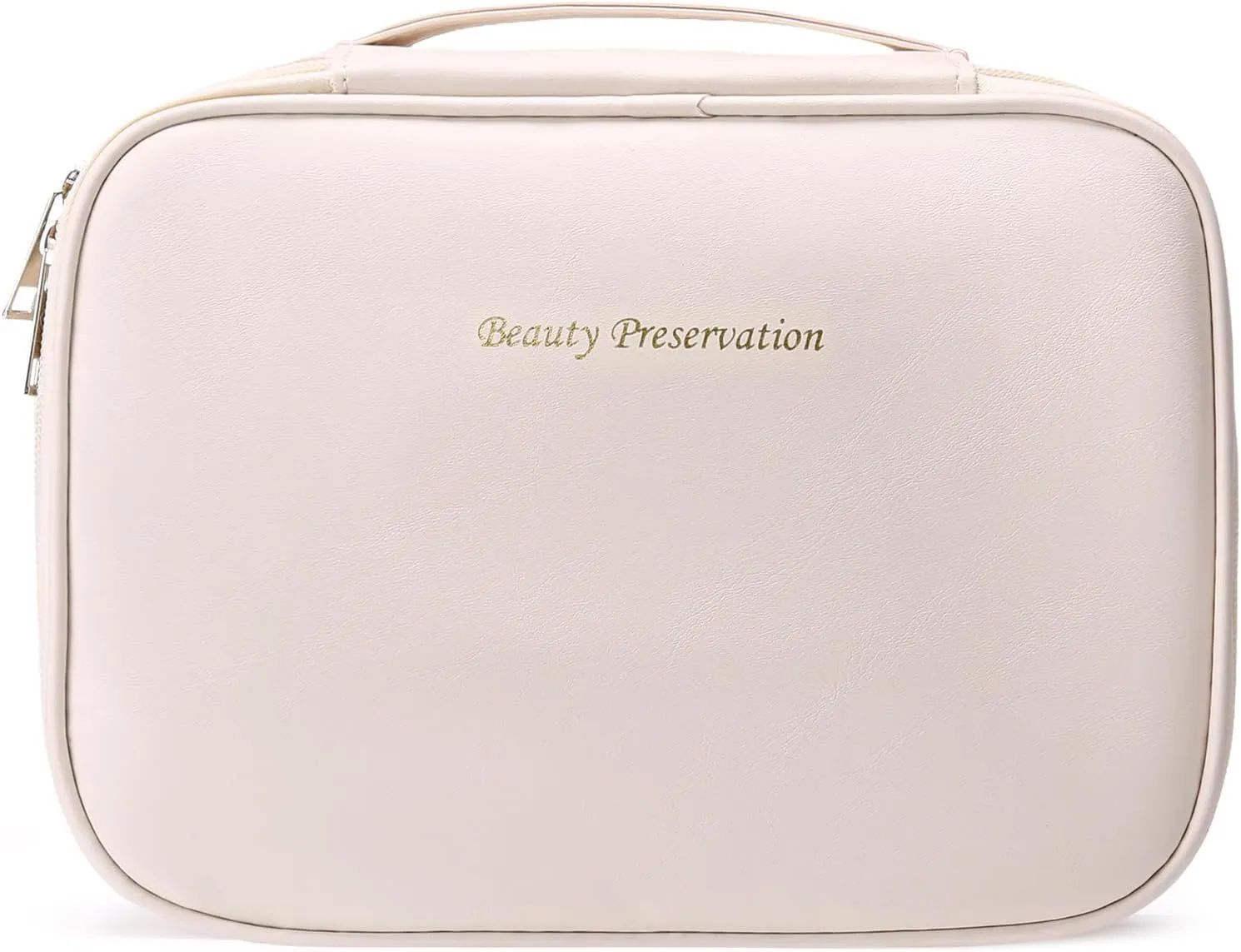Travel Makeup Bag Waterproof PU Leather Portable Cosmetic Bag, Portable Pouch Open Flat Toiletry Bag Makeup Bag With Handle and Divider