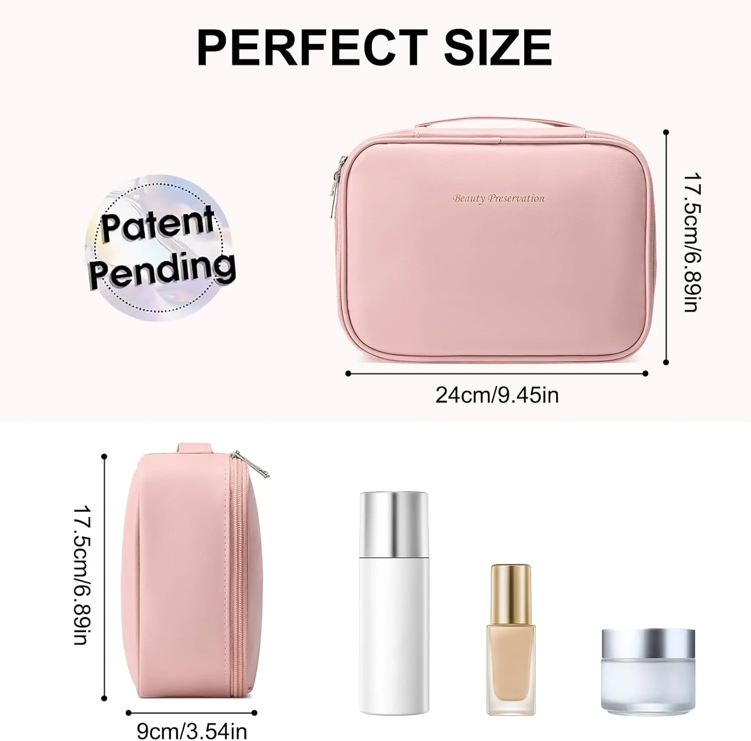 Travel Makeup Bag Waterproof PU Leather Portable Cosmetic Bag, Portable Pouch Open Flat Toiletry Bag Makeup Bag With Handle and Divider