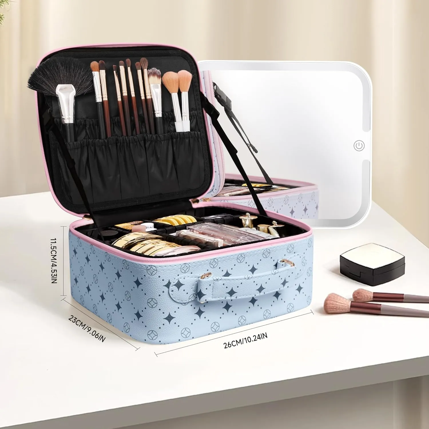 Travel Makeup Bag With 360° rotating LED Mirror,Waterproof cosmetic organizer,Portability Cosmetic case,Makeup organizer,Gift for Women,Girls Gift (Blue Pink)