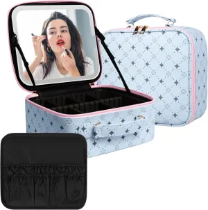Travel Makeup Bag With 360° rotating LED Mirror,Waterproof cosmetic organizer,Portability Cosmetic case,Makeup organizer,Gift for Women,Girls Gift (Blue Pink)