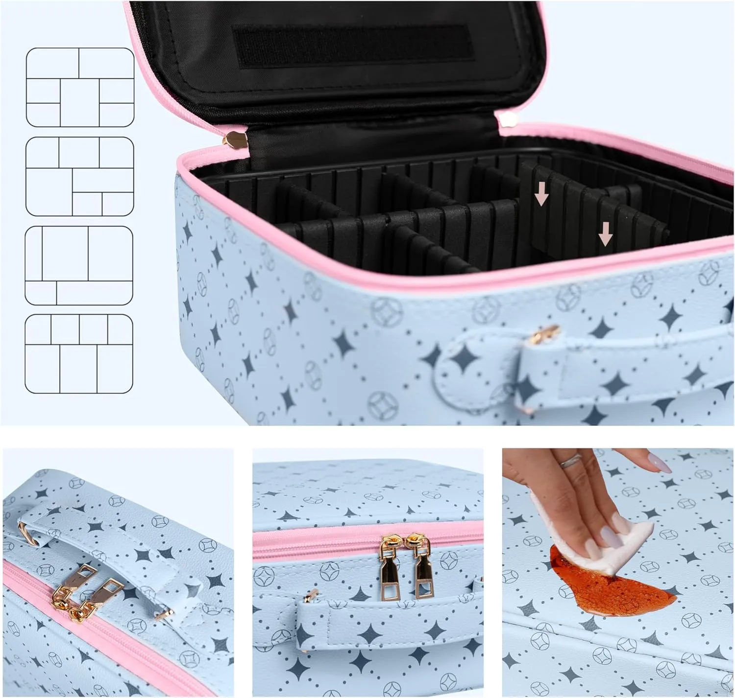Travel Makeup Bag With 360° rotating LED Mirror,Waterproof cosmetic organizer,Portability Cosmetic case,Makeup organizer,Gift for Women,Girls Gift (Blue Pink)