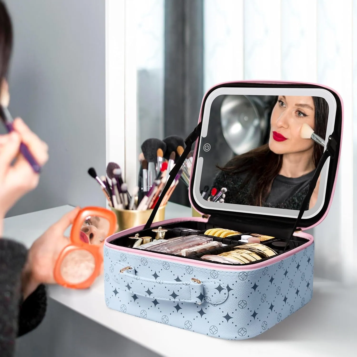 Travel Makeup Bag With 360° rotating LED Mirror,Waterproof cosmetic organizer,Portability Cosmetic case,Makeup organizer,Gift for Women,Girls Gift (Blue Pink)