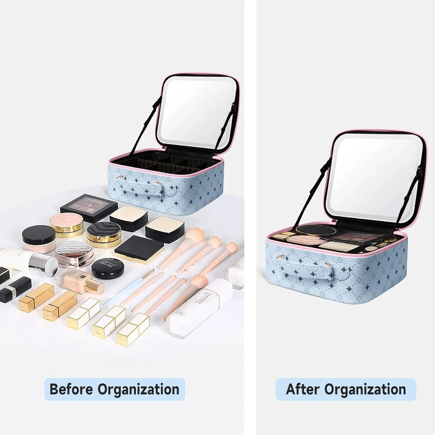 Travel Makeup Bag With 360° rotating LED Mirror,Waterproof cosmetic organizer,Portability Cosmetic case,Makeup organizer,Gift for Women,Girls Gift (Blue Pink)