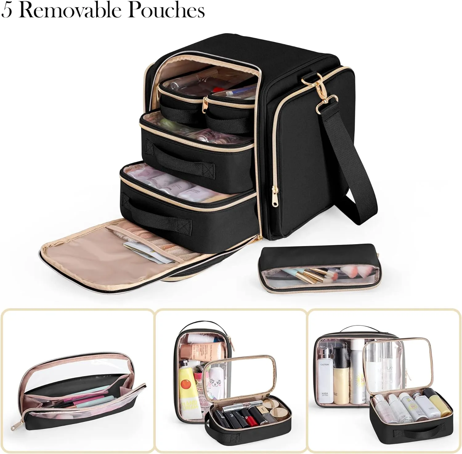 Travel Makeup Bag with 5 Removable Cases, Large Cosmetic Case Make up Organizer with Strap and Multiple Storage Pockets, Black (Patented Design)