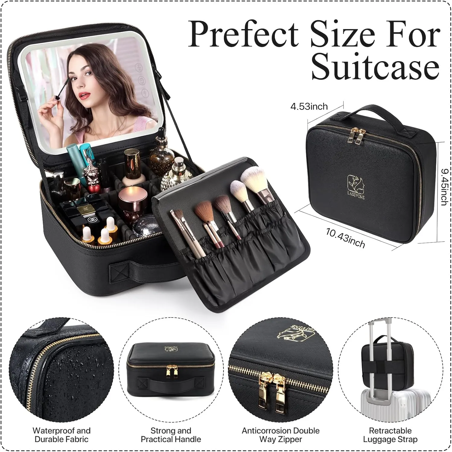 Travel Makeup Bag with LED Mirror, Makeup Bag with Mirror and Light Cosmetic Bag for Makeup Brushes, Tool Case, Makeup Travel Train Case with Adjustable Divider, Designed for Women. (Black)