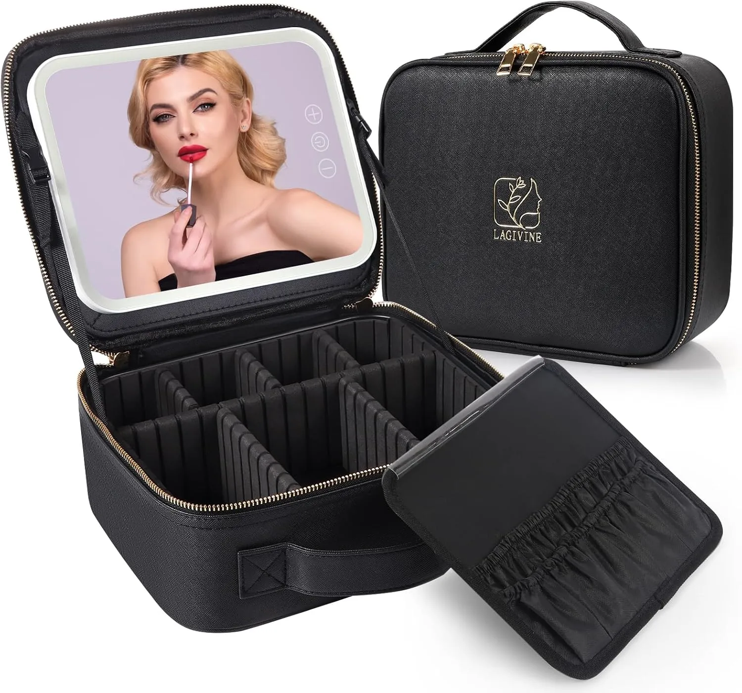 Travel Makeup Bag with LED Mirror, Makeup Bag with Mirror and Light Cosmetic Bag for Makeup Brushes, Tool Case, Makeup Travel Train Case with Adjustable Divider, Designed for Women. (Black)