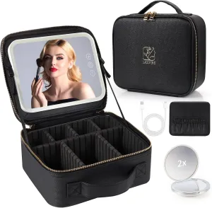 Travel Makeup Bag with LED Mirror, Makeup Bag with Mirror and Light Cosmetic Bag for Makeup Brushes, Tool Case, Makeup Travel Train Case with Adjustable Divider, Designed for Women. (Black)