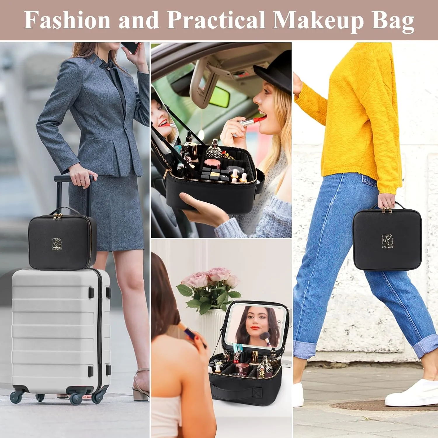 Travel Makeup Bag with LED Mirror, Makeup Bag with Mirror and Light Cosmetic Bag for Makeup Brushes, Tool Case, Makeup Travel Train Case with Adjustable Divider, Designed for Women. (Black)