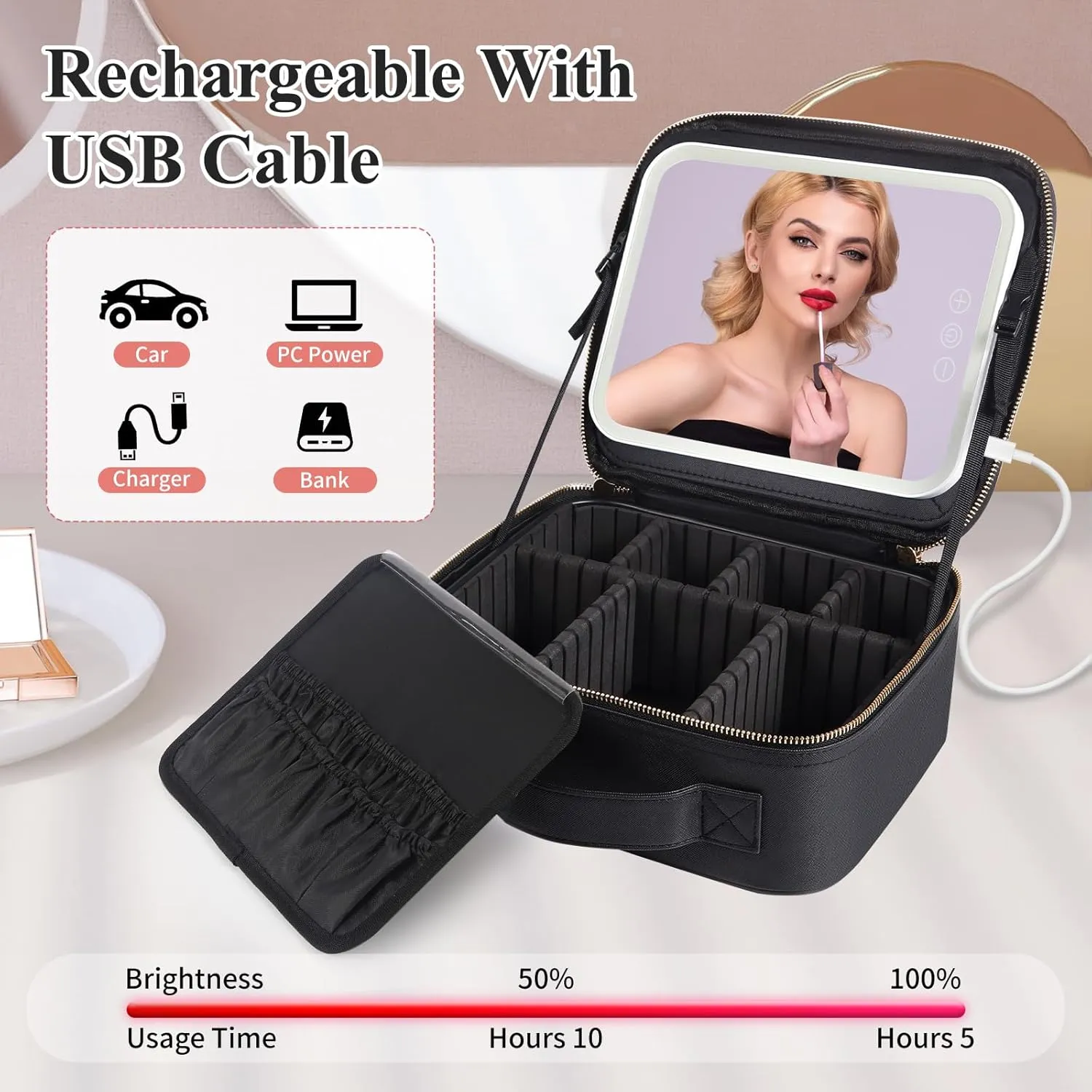 Travel Makeup Bag with LED Mirror, Makeup Bag with Mirror and Light Cosmetic Bag for Makeup Brushes, Tool Case, Makeup Travel Train Case with Adjustable Divider, Designed for Women. (Black)