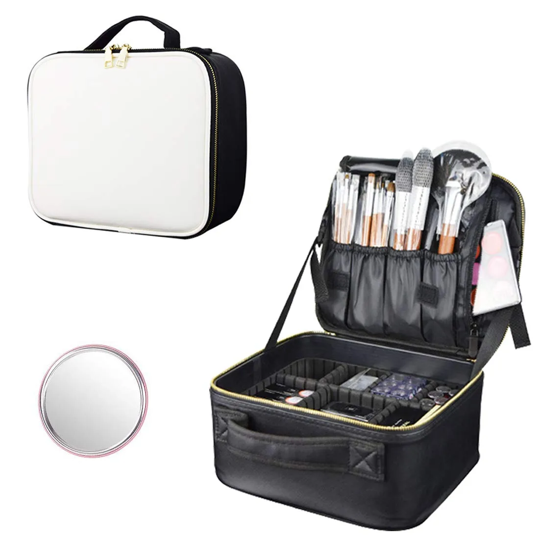 Travel Makeup Train Case, Large Capacity Waterproof Portable Storage Case, Professional Cosmetics Storage Bag with Adjustable Dividers for Men Women Girls （White & Black）