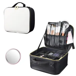 Travel Makeup Train Case, Large Capacity Waterproof Portable Storage Case, Professional Cosmetics Storage Bag with Adjustable Dividers for Men Women Girls （White & Black）