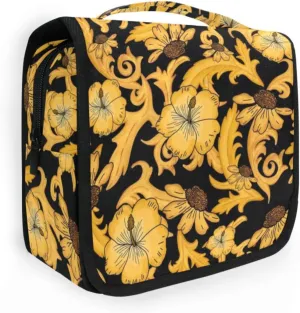 Travel Toiletry Bag Cosmetic Bag Golden Flowers Portable Hanging Cosmetic Case Traveling With Leakproof Compartment Makeup Toiletries Cosmetic Organizer for Women Men