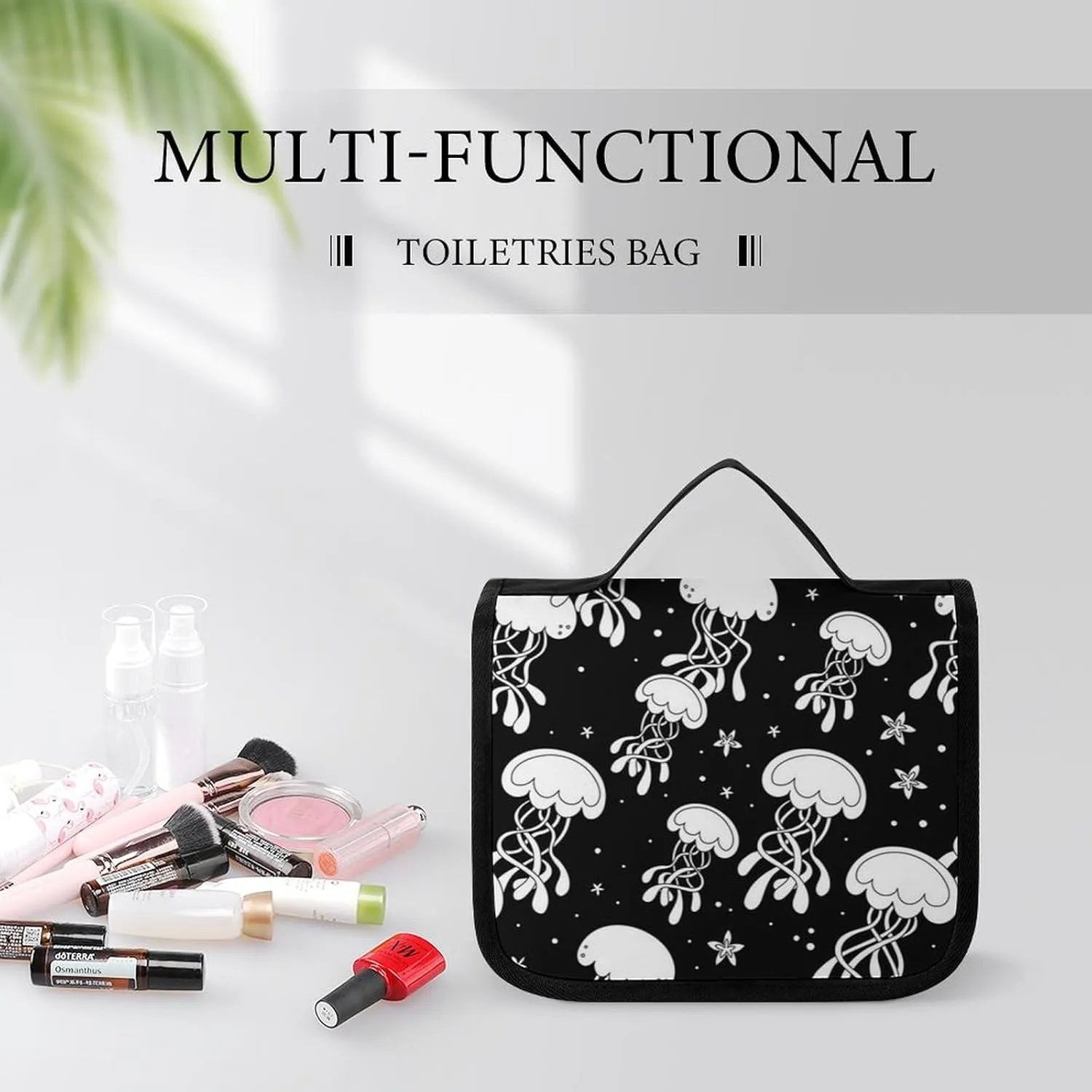 Travel Toiletry Bag for Women, Makeup Cosmetic Bags Compatible with Underwater Black And White Jellyfish, Hanging Toiletry Bag for Bathroom, with Hanging Hook for Travel Business Trips and Camping