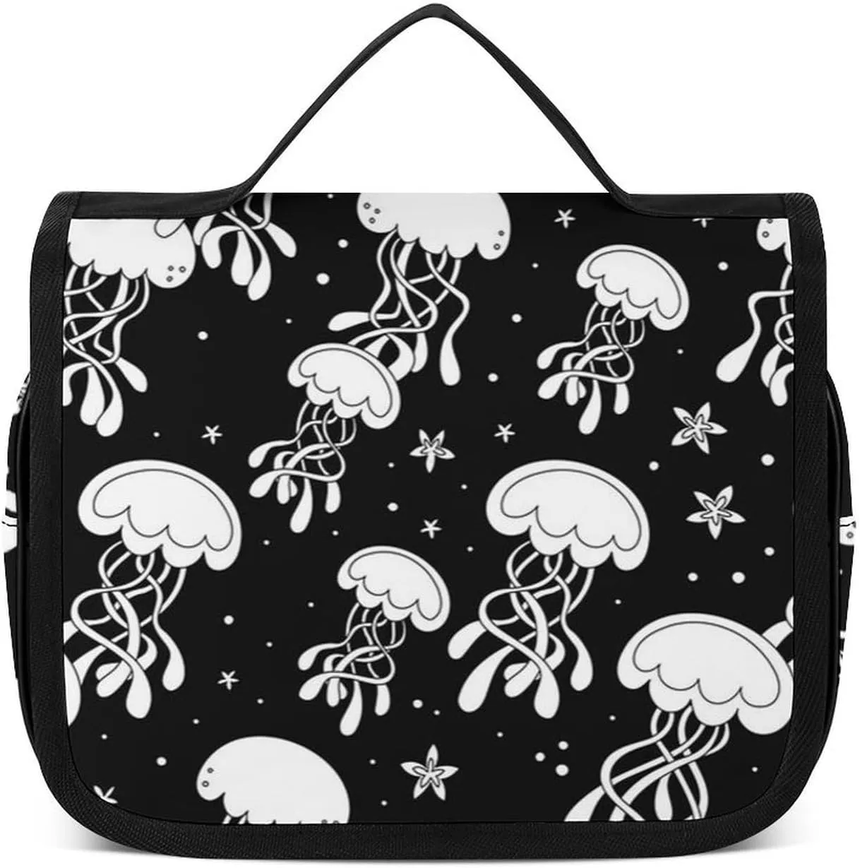 Travel Toiletry Bag for Women, Makeup Cosmetic Bags Compatible with Underwater Black And White Jellyfish, Hanging Toiletry Bag for Bathroom, with Hanging Hook for Travel Business Trips and Camping