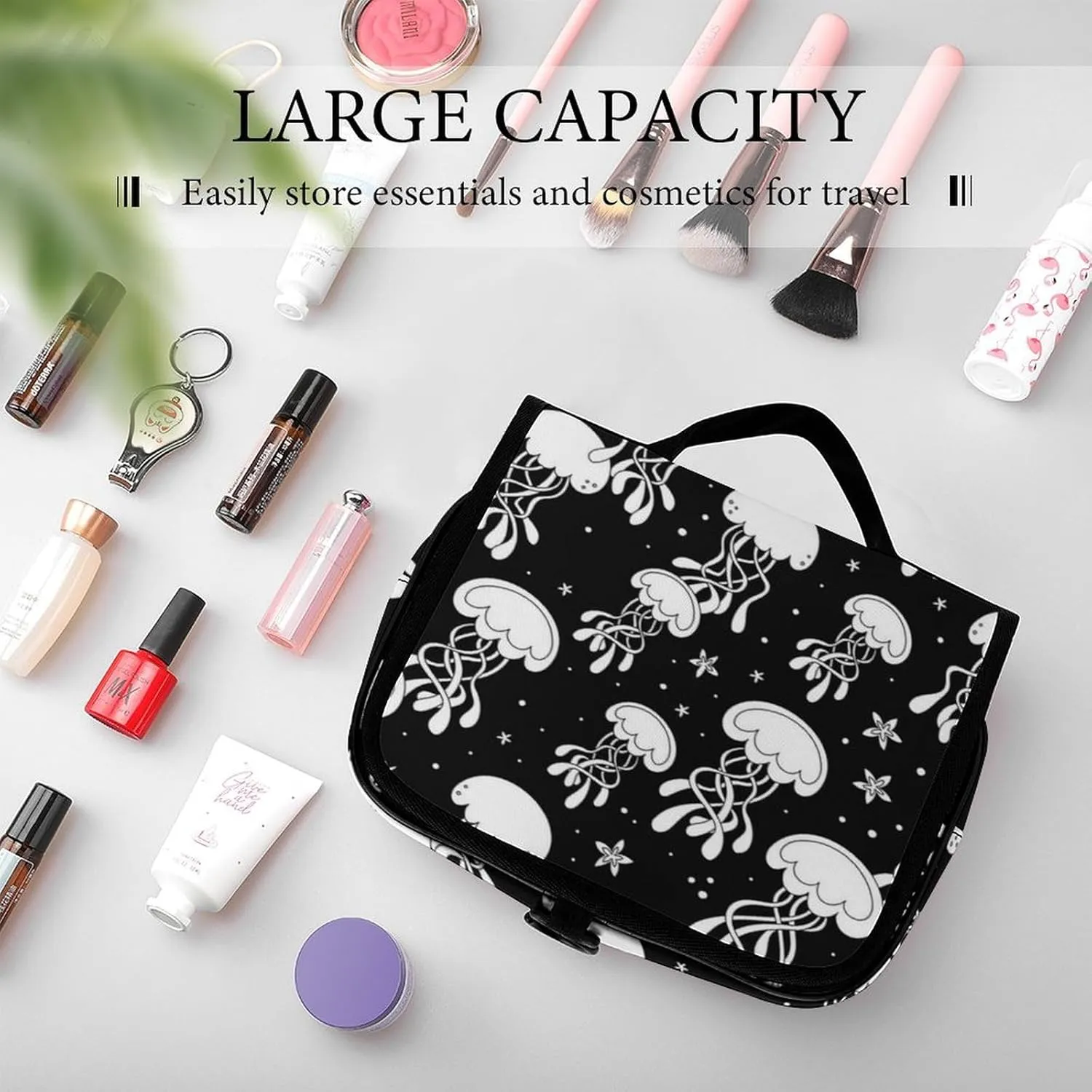 Travel Toiletry Bag for Women, Makeup Cosmetic Bags Compatible with Underwater Black And White Jellyfish, Hanging Toiletry Bag for Bathroom, with Hanging Hook for Travel Business Trips and Camping