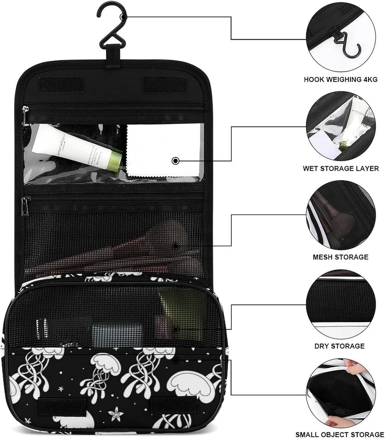Travel Toiletry Bag for Women, Makeup Cosmetic Bags Compatible with Underwater Black And White Jellyfish, Hanging Toiletry Bag for Bathroom, with Hanging Hook for Travel Business Trips and Camping