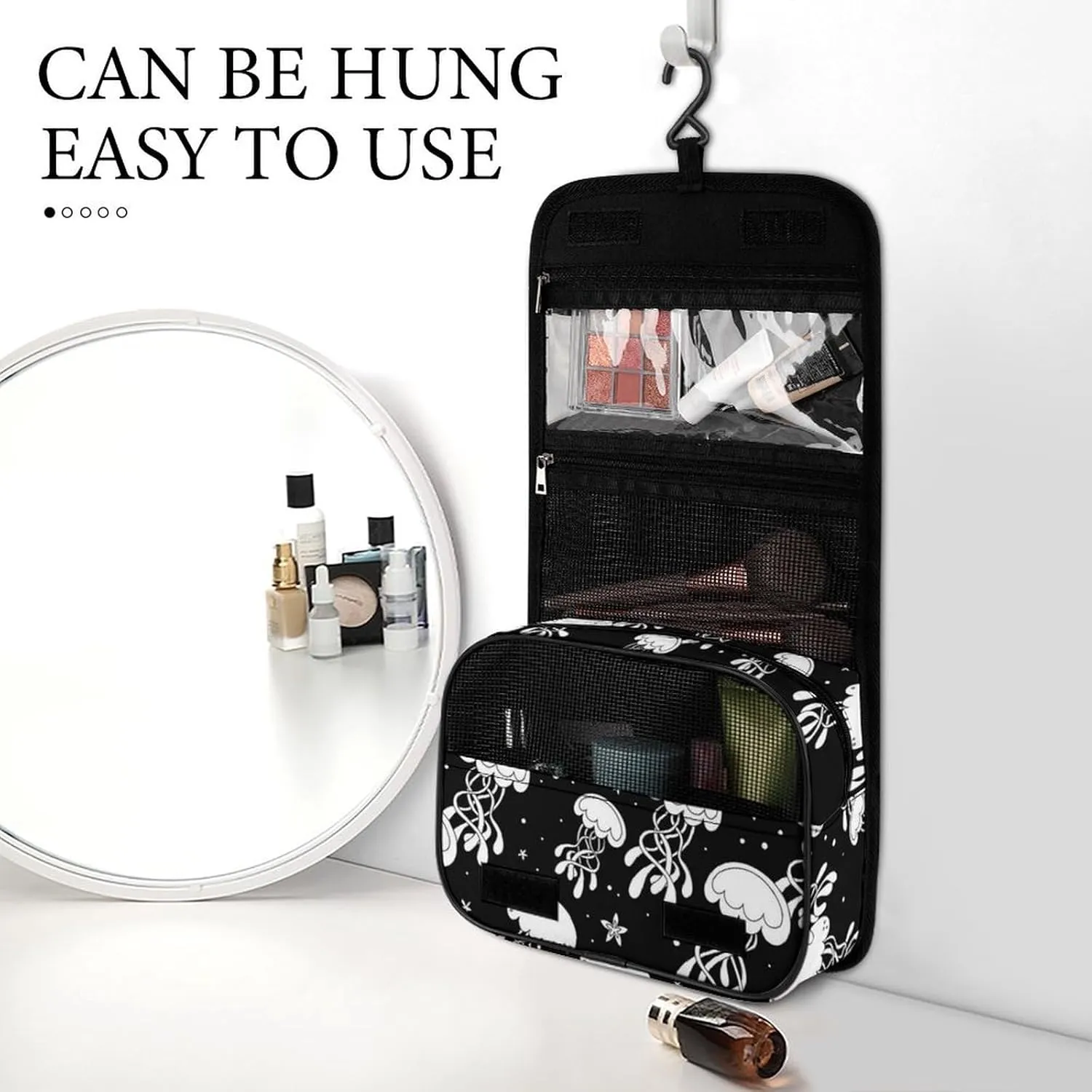 Travel Toiletry Bag for Women, Makeup Cosmetic Bags Compatible with Underwater Black And White Jellyfish, Hanging Toiletry Bag for Bathroom, with Hanging Hook for Travel Business Trips and Camping