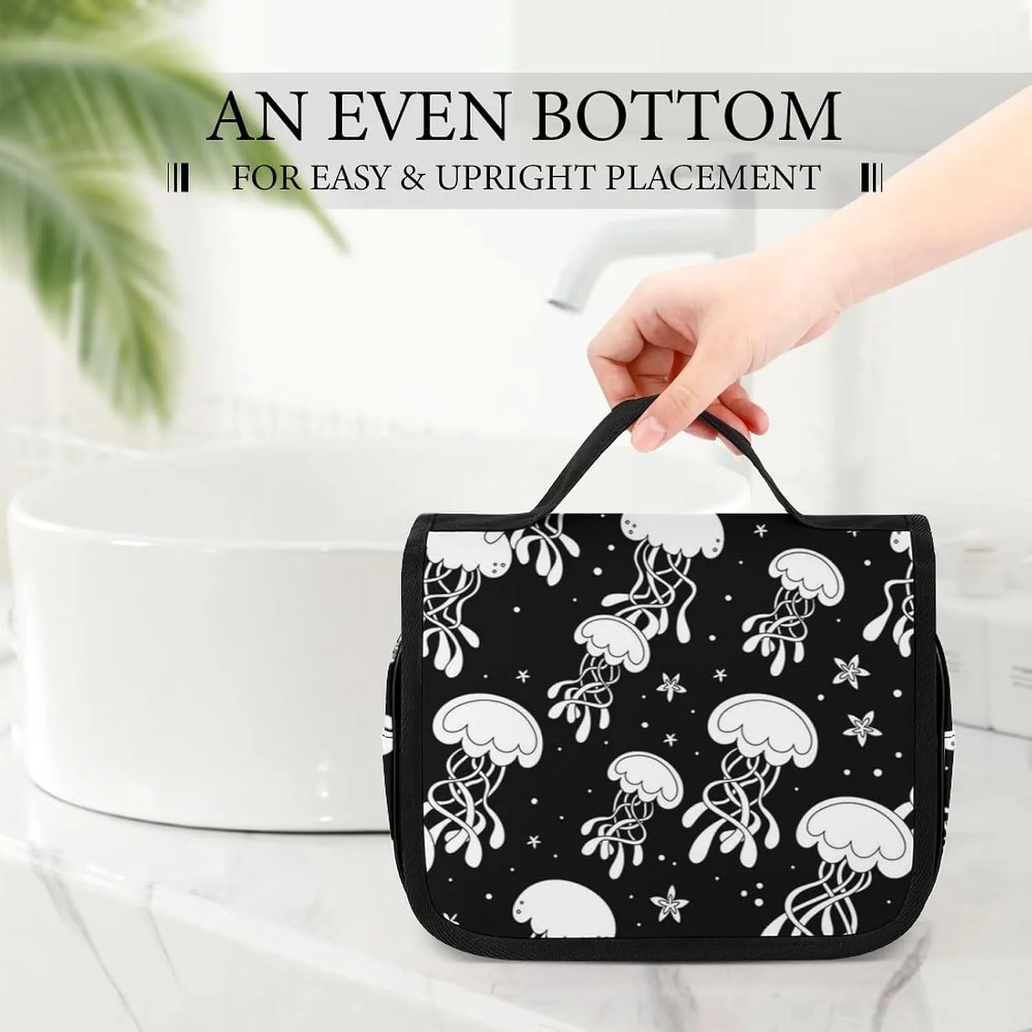 Travel Toiletry Bag for Women, Makeup Cosmetic Bags Compatible with Underwater Black And White Jellyfish, Hanging Toiletry Bag for Bathroom, with Hanging Hook for Travel Business Trips and Camping
