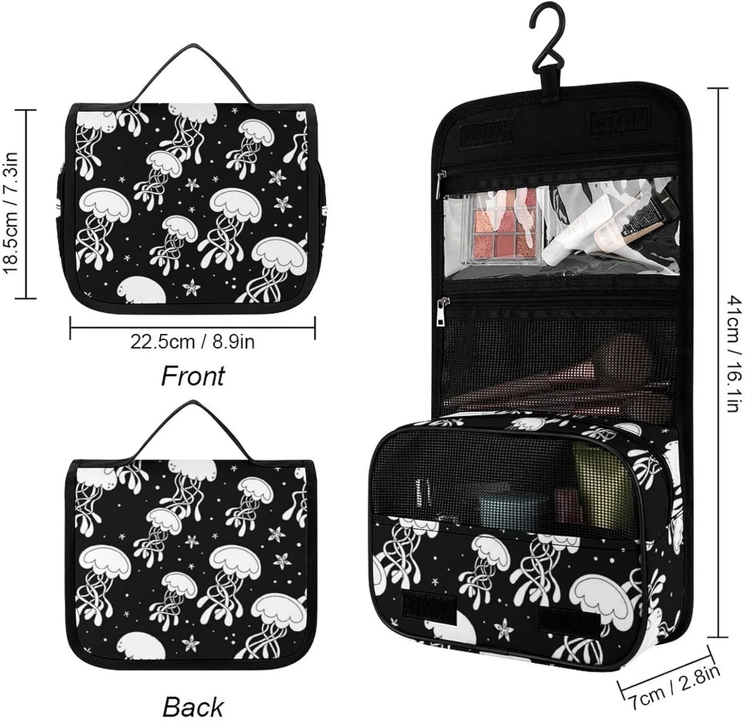 Travel Toiletry Bag for Women, Makeup Cosmetic Bags Compatible with Underwater Black And White Jellyfish, Hanging Toiletry Bag for Bathroom, with Hanging Hook for Travel Business Trips and Camping