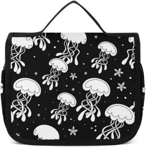 Travel Toiletry Bag for Women, Makeup Cosmetic Bags Compatible with Underwater Black And White Jellyfish, Hanging Toiletry Bag for Bathroom, with Hanging Hook for Travel Business Trips and Camping