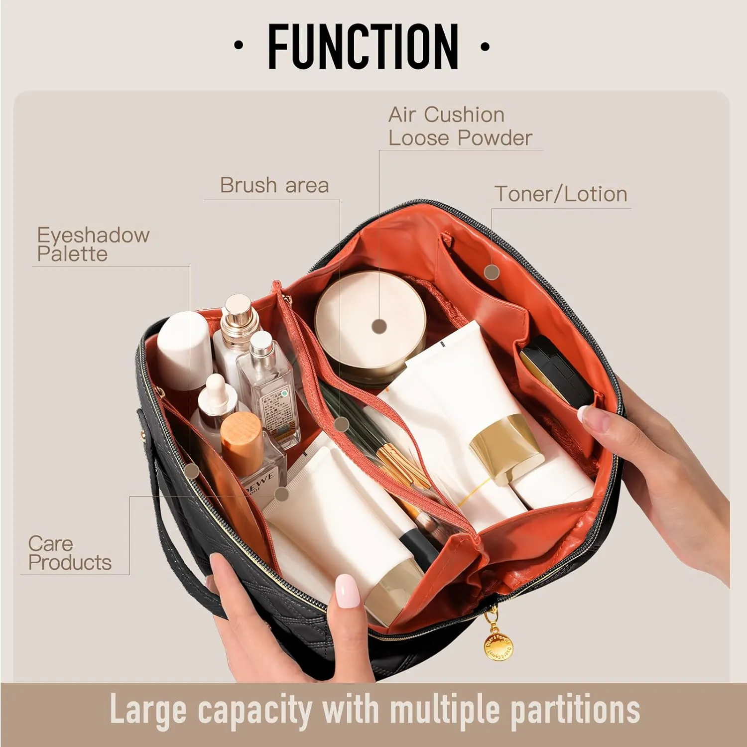 Travel Toiletry Bag - Large Capacity Open Flat Cosmetic Bag - Waterproof Portable Organizer for Travel and Daily Use - Black Bag